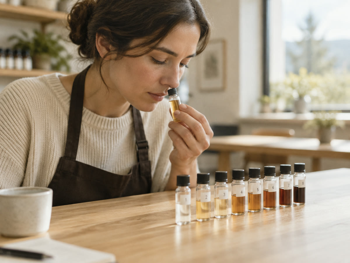 Una catadora huele un frasco de aroma junto a una fila de frascos numerados.