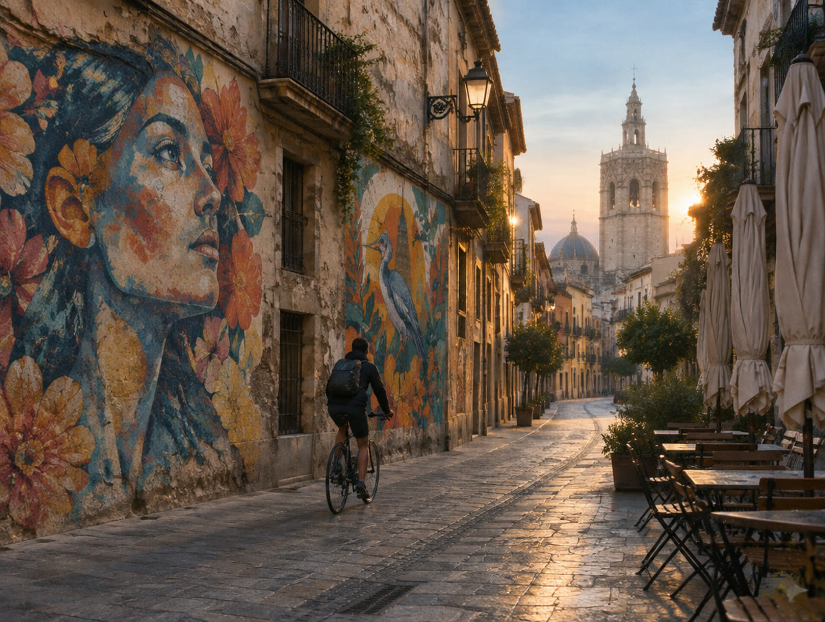 Calle del casco antiguo al amanecer, con murales y un campanario al fondo.