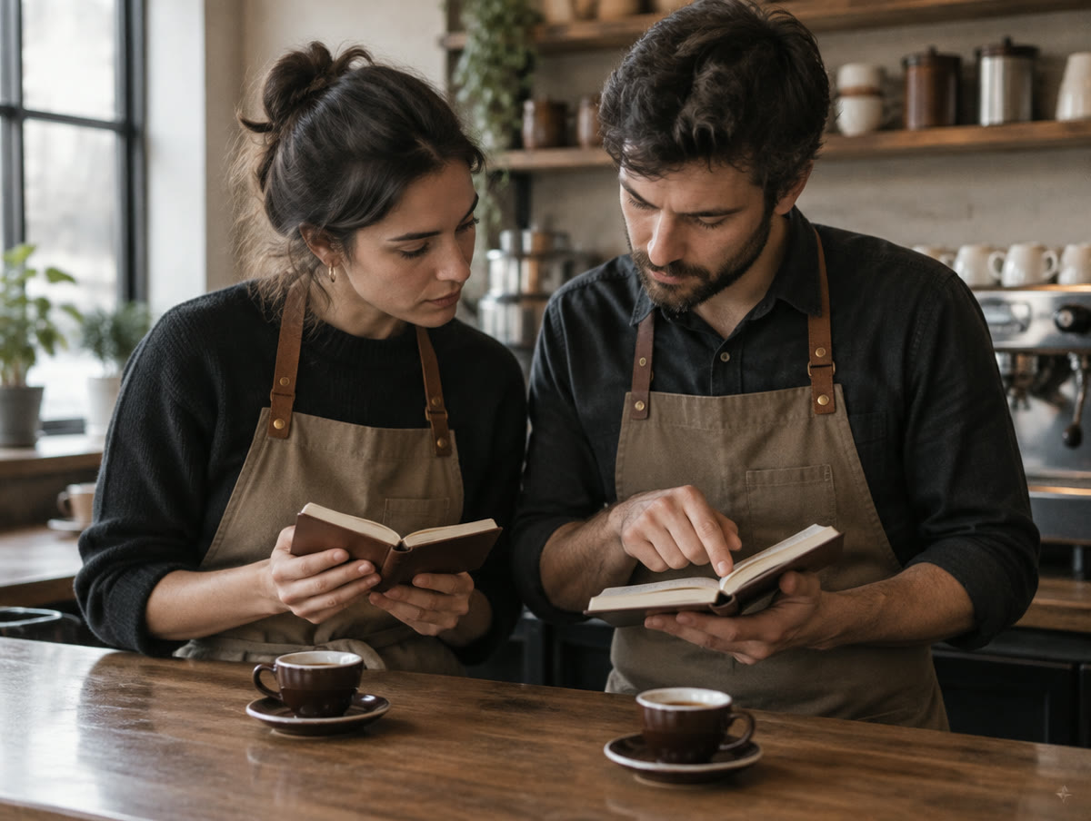 Dos baristas comparan sus notas en unos cuadernos en la barra.