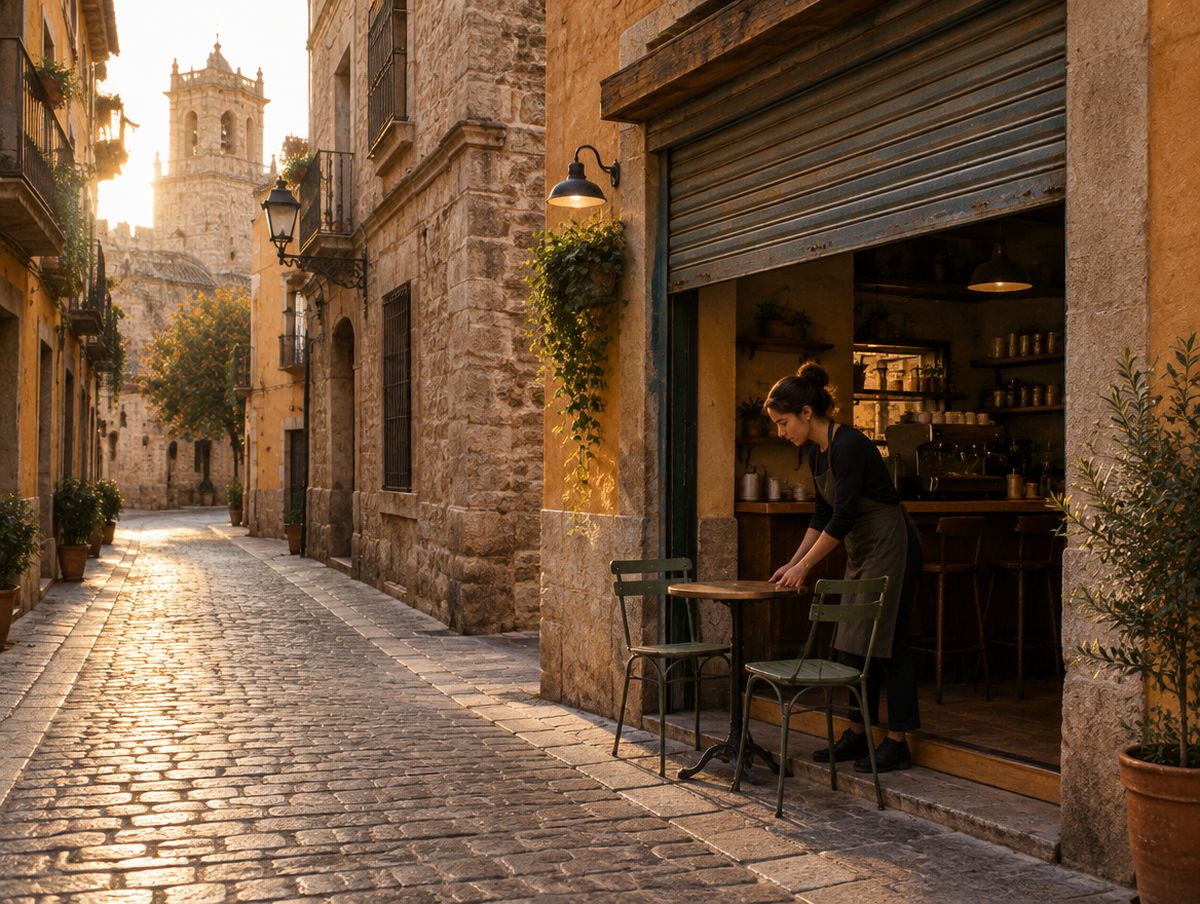 Calle de El Carmen al amanecer con una cafetería abriendo.