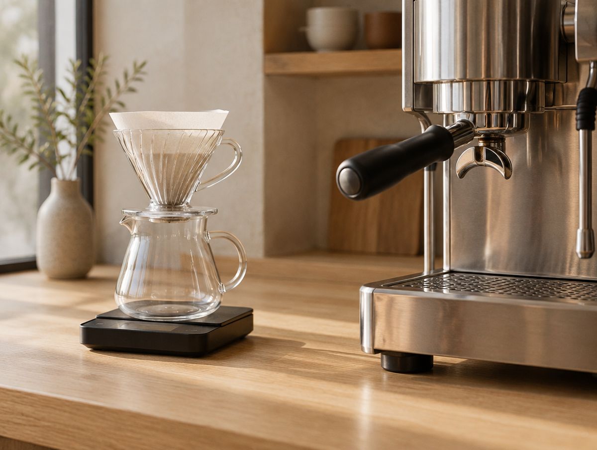 Un gotero de filtro junto a una máquina de espresso.
