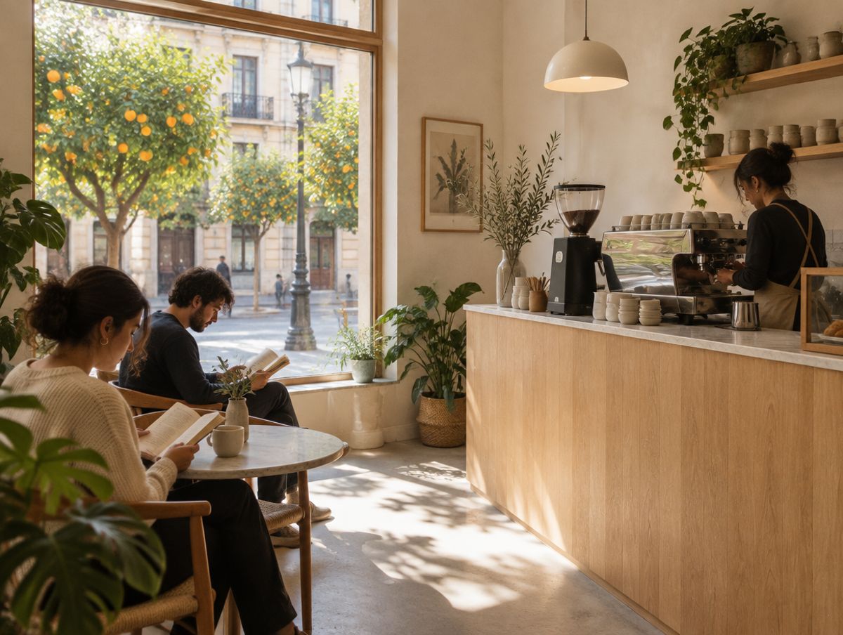Interior luminoso de una cafetería con un ventanal a una calle con naranjos.