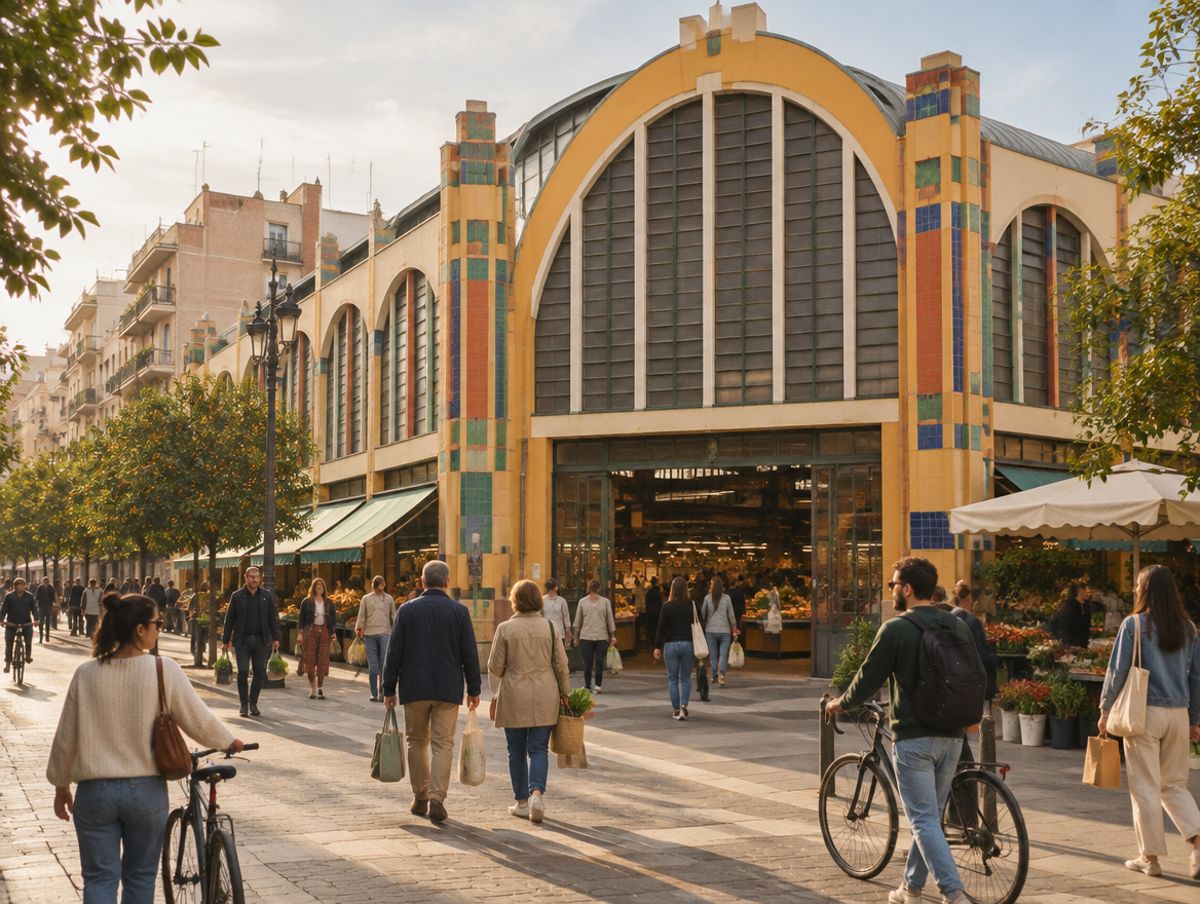 Un mercado modernista de barrio por la mañana, con gente y bicicletas.
