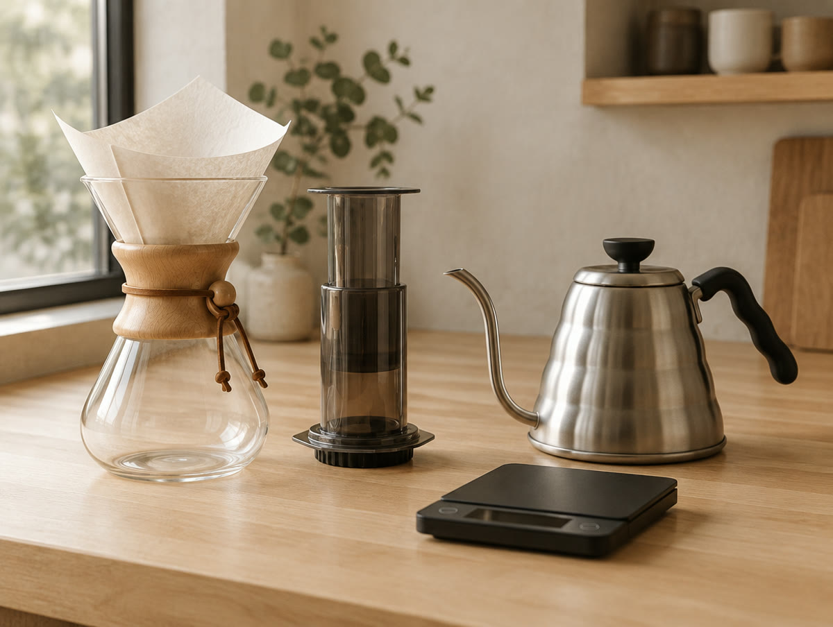 Un filtro de vidrio, una AeroPress, un hervidor y una báscula sobre una barra de madera.
