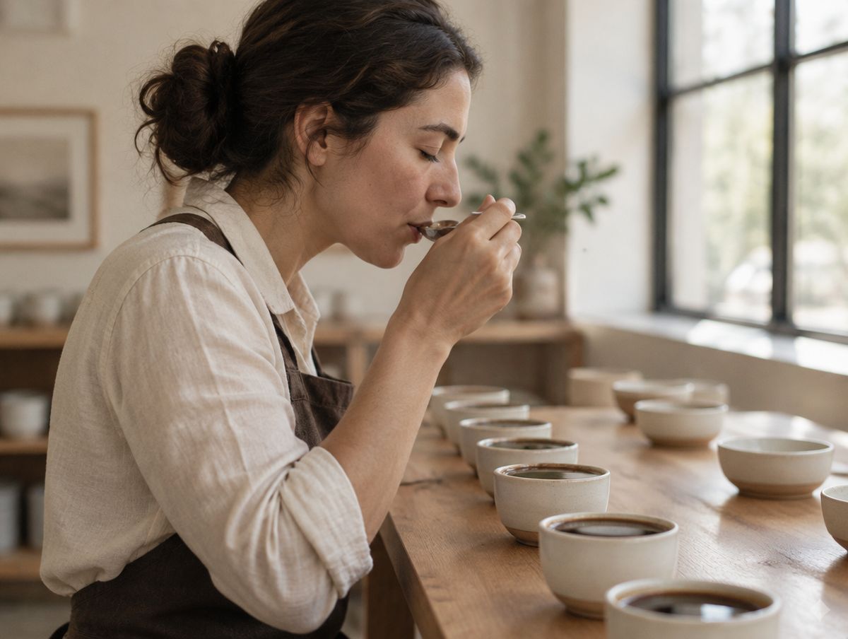 Una Q Grader prueba café con una cuchara de cata.