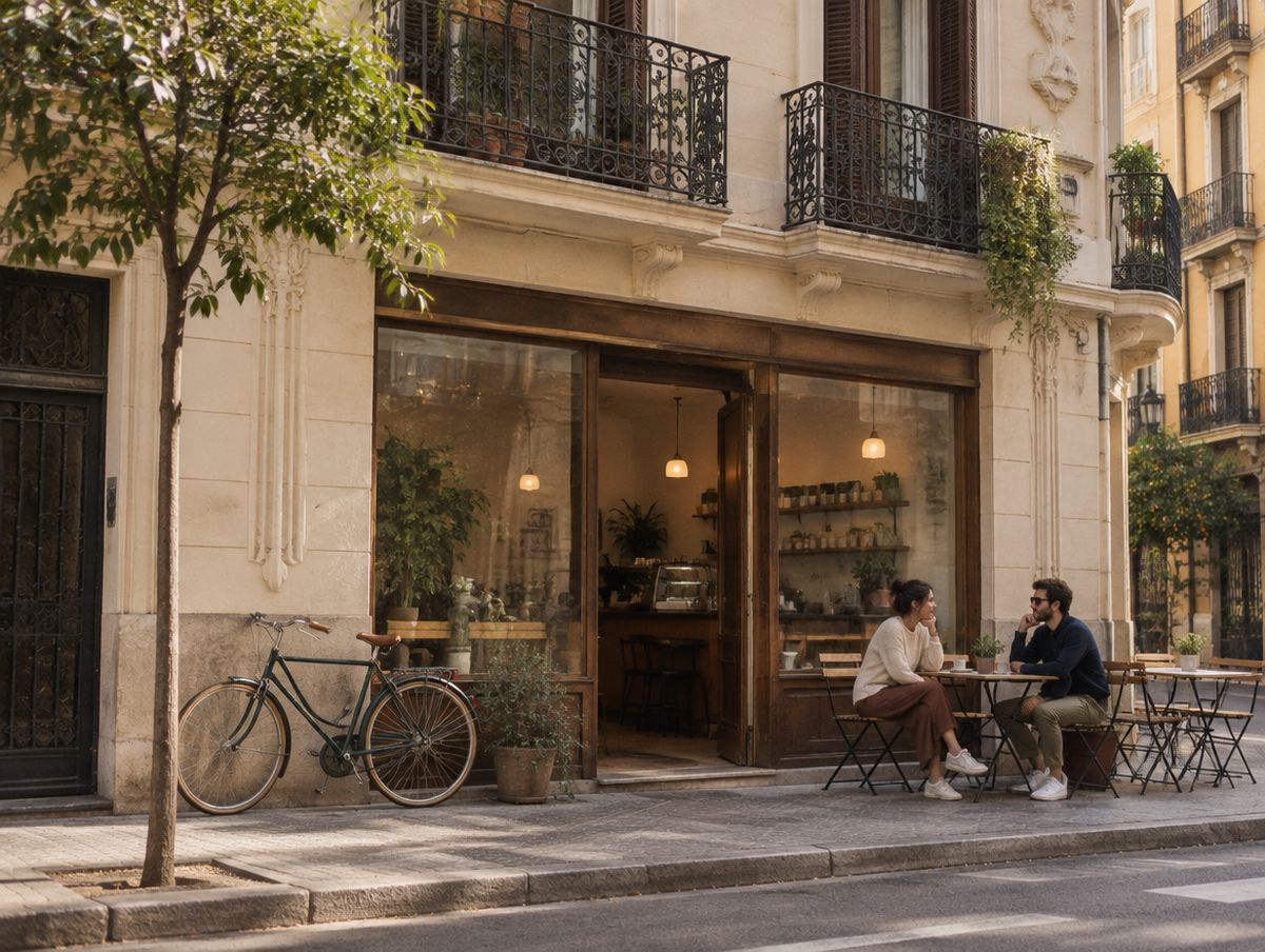 Fachada de una cafetería en Ruzafa con terraza.