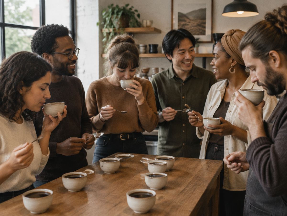 Un grupo cata cafés alrededor de una barra de madera.