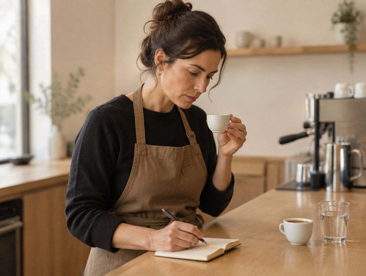 Una barista evalúa un espresso en la barra y toma notas.